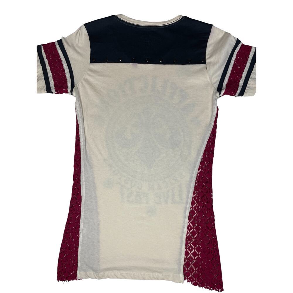 Affliction Live Fast American Customs Studded Graphic shirt S Cream Black Flawed - Picture 10 of 11